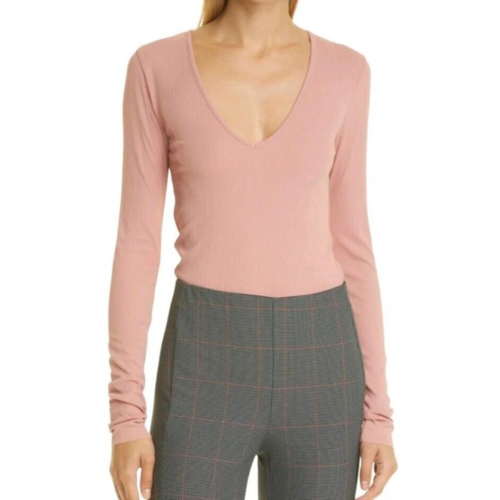 Rag & Bone Zoe Deep Vee V Neck Top Womens XL Mauve Dot Long Sleeve Blouse Top